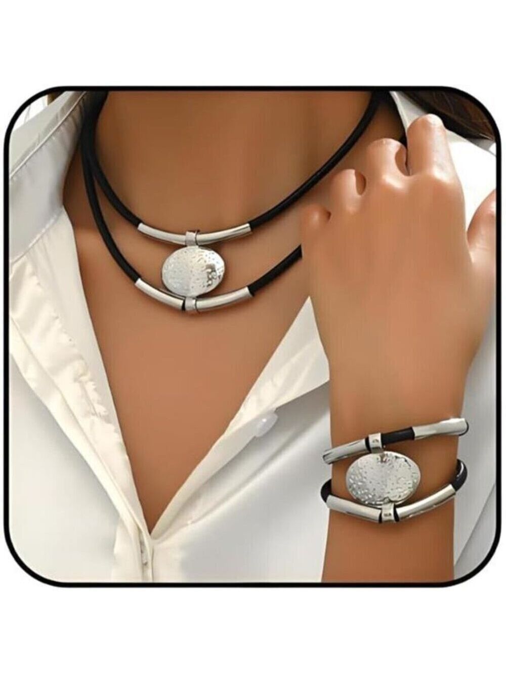 Silver Tone and Black Boho Western Double Layered Chunky Vintage Jewelry Set
